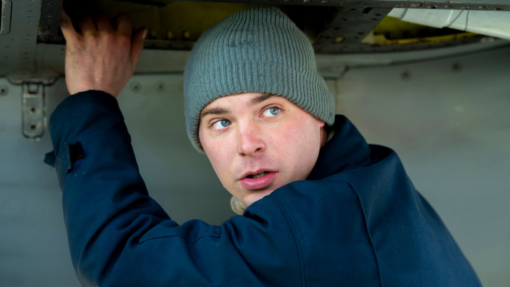 Staff Sgt. Mark Ward, a crew chief with the 80th Aircraft Maintenance Unit, finishes installing a hydraulic component in an F-16 Fighting Falcon during exercise Distant Frontier at Eielson Air Force Base, Alaska on October 25, 2018. Distant Frontier is a continuation of the training provided during RED FLAG-Alaska, but allows for a more tailored mission scenarios that can better meet participating unit's training objectives. (U.S. Air Force photo by Staff Sgt. Levi Rowse)