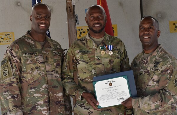 The Commander’s Award for Civilian Service, Global War on Terrorism, and the NATO medals were presented to Vichous V. Charles for his commendable service as a Logistics Management Specialist in support of Operations Freedom’s Sentinel from March 19, 2017 to October 16, 2018.