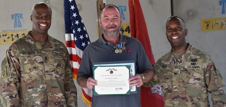 Ted Grimes receives the Commander’s Award for Civilian Service, Global War on Terrorism, and NATO medals for his outstanding service as a Construction Control Representative in support of Operation Freedom’s Sentinel from February 5, 2017 to October 16, 2018.