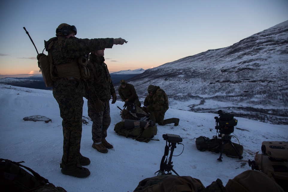 U.S. Marines with Marine Rotational Force-Europe 19.1 and Norwegian Army soldiers prepare for close-air support drills in Setermoen, Norway, Oct. 25, 2018.