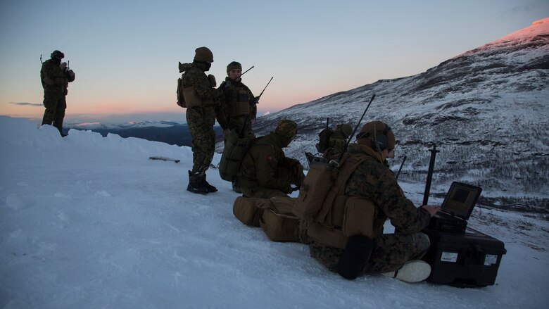 U.S. Marines with Marine Rotational Force-Europe 19.1 and Norwegian Army soldiers conduct close-air support in Setermoen, Norway, Oct. 25, 2018.