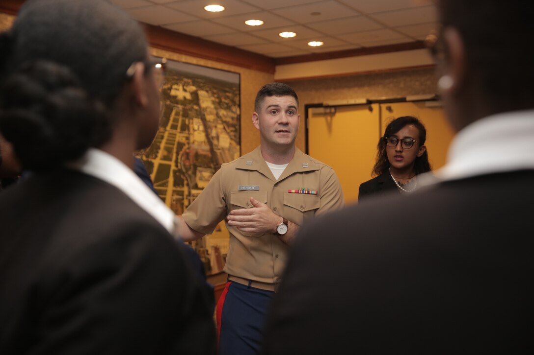 Capt. Andrew Herbert, a community engagement officer at the Marine Corps Recruiting Command, teaches students leadership and teamwork lessons at a MCRC Problem Solving Workshop during Thurgood Marshall College Fund’s 18th Annual Leadership Institute in the District of Columbia, October 27, 2018. During the institute, Marines connected with influencers and students from Historically Black Colleges and Universities through a series of classes, student interview panels, workshops and lectures. The TMCF has awarded more than $300 million in assistance to its students and 47 member schools over the past 31 years. (Marine photo by Lance Cpl. Naomi May)
