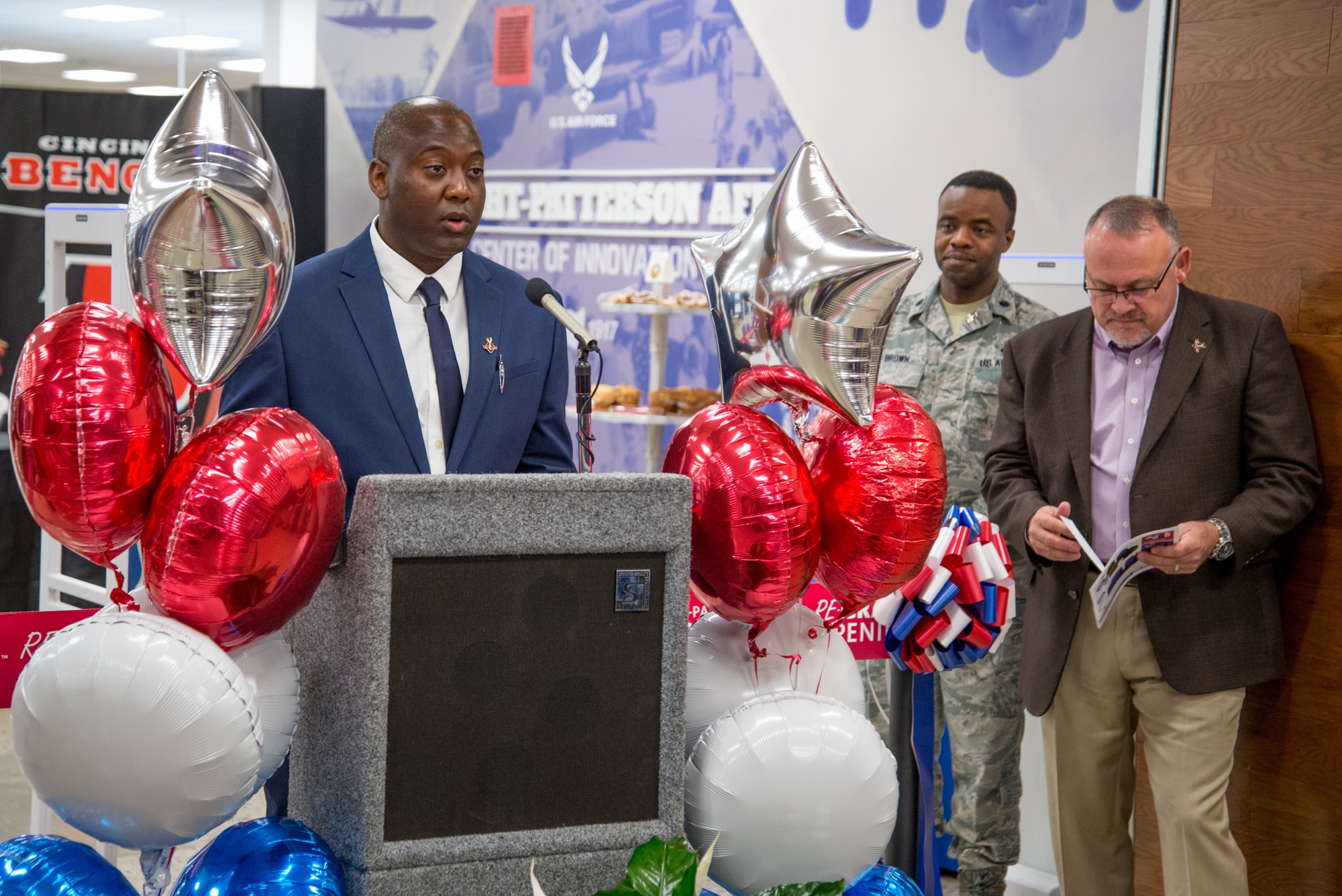 Jermaine Wilson, Wright-Patterson Exchange general manager, delivers remarks at the Exchange's grand re-opening ceremony Oct. 25, 2018 after completing a $6.4 million renovation to the nearly 40-year-old facility.