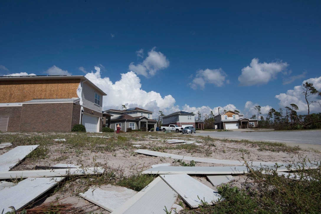 Debris lies in a yard Oct. 19, 2018 at Tyndall Air Force Base, Fla. In the aftermath of Hurricane Michael, the Krietes relied on the Air Force and each other to overcome adversity. (U.S. Air Force photo by Airman 1st Class Dalton Williams)