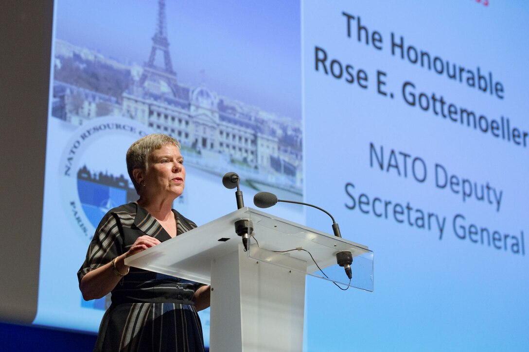 NATO Deputy Secretary General Rose Gottemoeller speaks in Paris at the NATO Resource Conference, Oct. 16, 2018. Gottemoeller discussed Russia’s noncompliance with its nonproliferation treaties at an arms control conference in Reykjavik, Iceland.