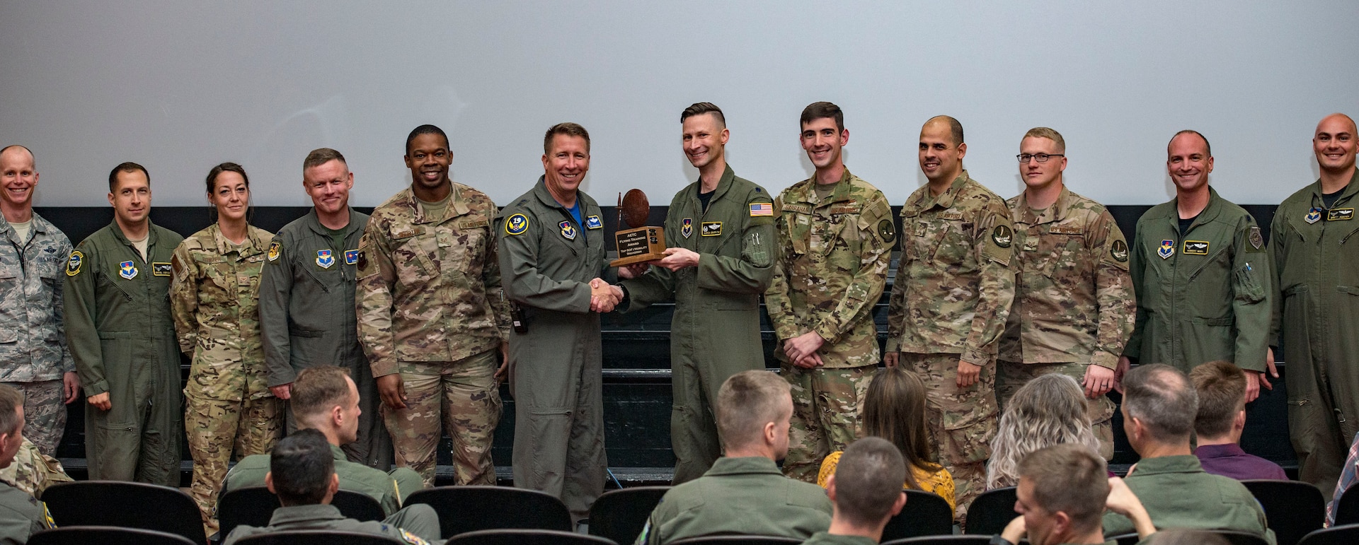 Maj. Gen. Patrick Doherty, 19th Air Force commander, presents the Top Special Operations Force/Mobility Squadron Award to Lt. Col. Aaron Griffith, 415th Special Operations Squadron commander, during the Air Education and Training Command Flying Training Awards Ceremony Oct. 26, 2018, at Joint Base San Antonio-Randolph, Texas. The award ceremony recognizes individuals, squadrons, groups and wings whose efforts have led to the highest levels of student production.