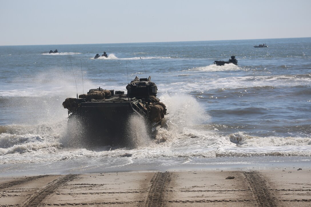 A Marine amphibious assault vehicle at Camp Lejeune prepares for Exercise Trident Juncture.