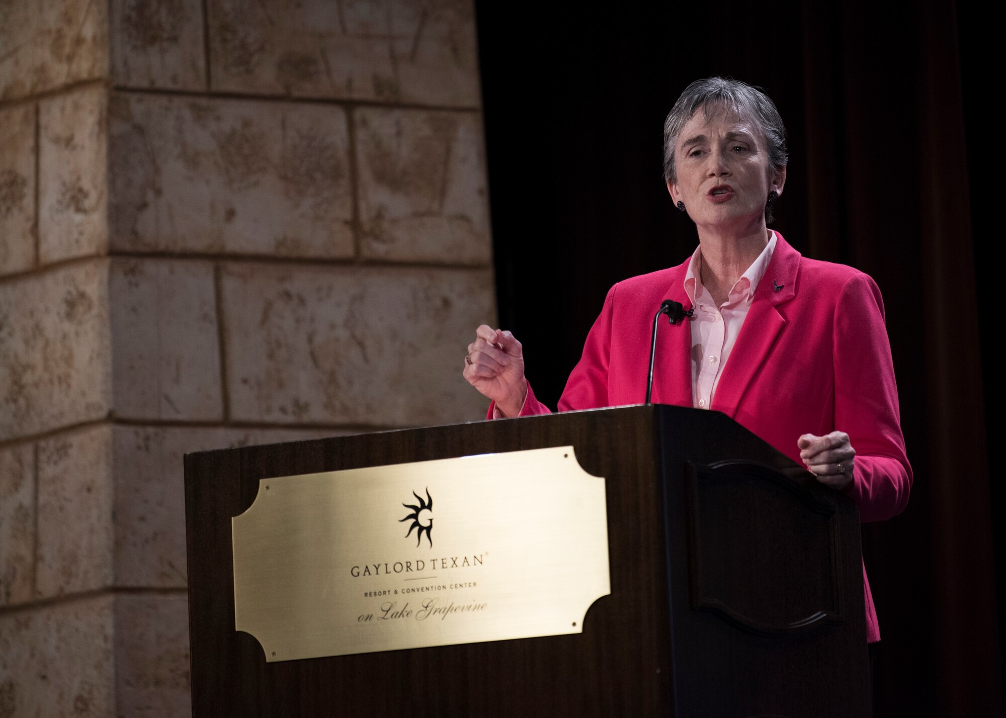 Secretary of the Air Force Heather Wilson, gives the first major address of the Airlift/Tanker Association Symposium in Grapevine, Texas, Oct. 25, 2018. A/TA provides mobility Airmen a professional development forum to  engage with industry experts within the mobility enterprise, attend seminars focused on mobility priorities, and listen to leadership perspectives from top leaders in the Air Force and Department of Defense.     

(U.S. Air Force photo by Tech. Sgt. Jodi Martinez)