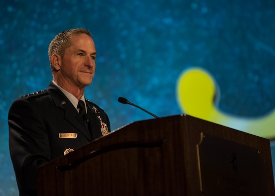 Chief of Staff of the Air Force David L. Goldfein speaks during the Airlift/Tanker Association Symposium in Grapevine, Texas, Oct. 26, 2018. “We have returned to an era of great power competition where the challenges we face are complex and require creative solutions,” said Goldfein. “One of our jobs as leaders is to create the environment to unleash the brilliance in this room … to think through these challenges and acknowledge that there are opportunities resident in each.” A/TA provides mobility Airmen a professional development forum to engage with industry experts within the mobility enterprise, attend seminars focused on mobility priorities, and listen to leadership perspectives from top leaders in the Air Force and Department of Defense. (U.S. Air Force photo by Tech. Sgt. Jodi Martinez)