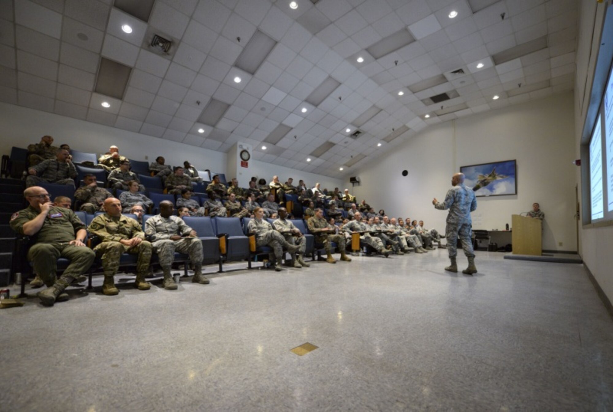 Master Sgt. Keith A. Thomas, U.S. Air Force Warfare Center Inspector General superintendent of complaints, briefs a room of non-commissioned officers during the Nellis/Creech Superintendent Symposium Oct. 23, 2018 on Nellis Air Force Base, Nevada. The symposium was a week-long event dedicated to current, newly appointed and prospective superintendents looking to gain the knowledge they needed for their positions. (U.S. Air Force photo by Airman Bailee A. Darbasie)