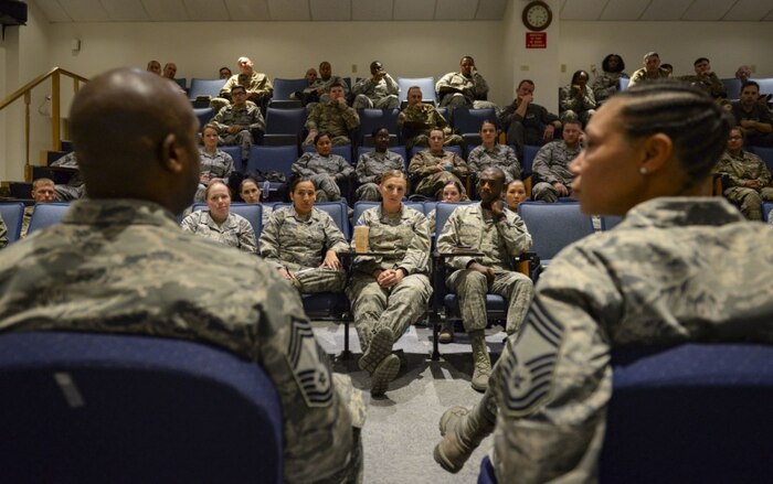 Non-commissioned officers attending the Nellis/Creech Superintendent Symposium listen attentively as several Chief Master Sergeants give them information on the superintendent position Oct. 23, 2018 on Nellis Air Force Base, Nevada. Lessons learned during the week-long event allowed the superintendents to have a confident understanding of their roles within their units and their obligations to their commanders and Airmen. (U.S. Air Force photo by Airman Bailee A. Darbasie)