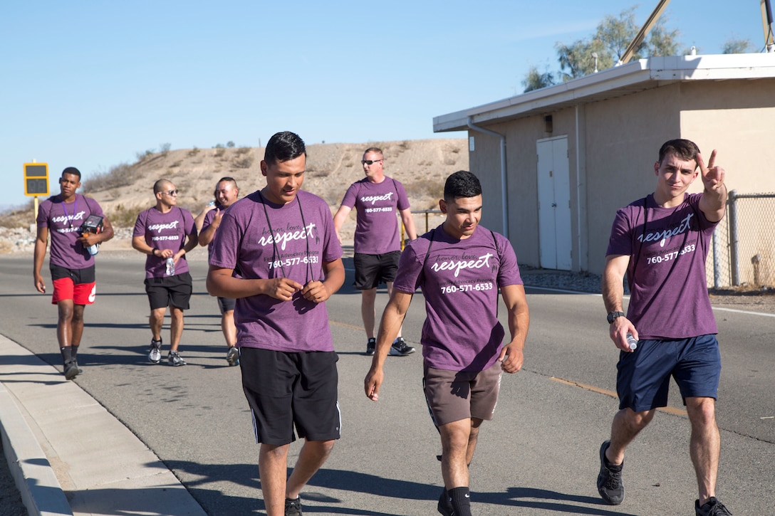 Headquarters Company Marines, enjoying the time walking together during the 2018 Survivor Walk, and helping to bring awareness to Domestic Violence Prevention Oct. 25.