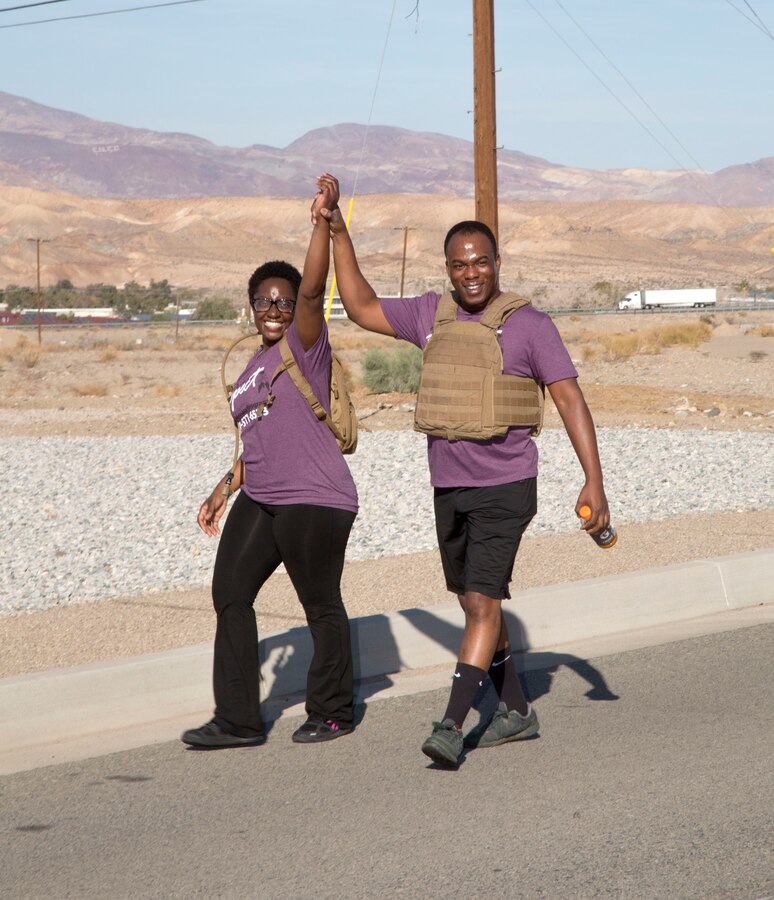 Maj. Ernest Robinson, MCLB Barstow base operations, and wife, Gwendolyn, prove they are champs taking part in the 2018 Survivor Walk aboard base Oct. 26. The Survivor Walk is held annually aboard Base to bring awareness to Domestic Violence Prevention.