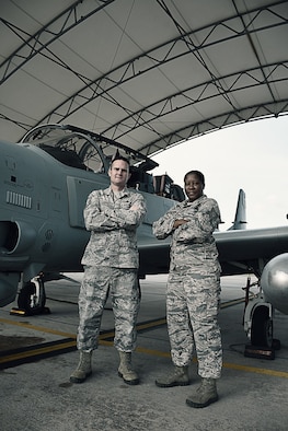 Senior Master Sgt. Scott Lopez, the maintenance superintendent for the 476th Maintenance Squadron at Moody Air Force Base, Ga., and Tech. Sgt. Lauren Camarena, an electrical and environmental systems craftsman with the 476 MXS, pose with an A-29 Super Tucano October 25, 2018, at Moody AFB.