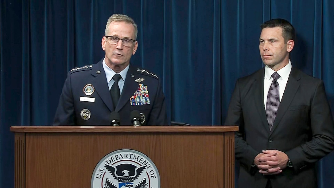 Air Force Gen. Terrence J. O'Shaughnessy, commander of U.S. Northern Command and North American Aerospace Defense Command, discusses the Defense Department deployment to the Southwest border during a joint news conference in Washington.