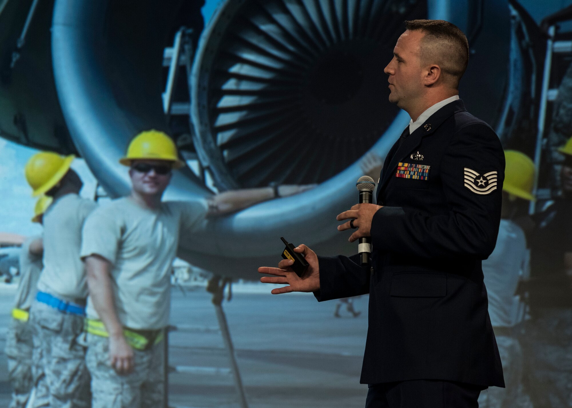 Tech. Sgt. Shawn Roberge from the 92nd Air Refueling Wing presents his design for a KC-135 Stratotanker engine-specific maintenance platform stand during the 2018 Air Mobility Command Phoenix Spark Tank competition, where four finalists pitched their innovation ideas to a panel of judges at the Airlift/Tanker Association Symposium in Grapevine, Texas, Oct. 27, 2018. A/TA, AMC's premier professional development event, provides mobility Airmen an opportunity to learn about and discuss mobility priorities, issues, challenges, and successes. The venue creates dialogue between industry experts, the Air Force and Department of Defense about ways to innovate, enhance mission effects and advance readiness headed into the future.   (U.S. Air Force photo by Tech. Sgt. Jodi Martinez)