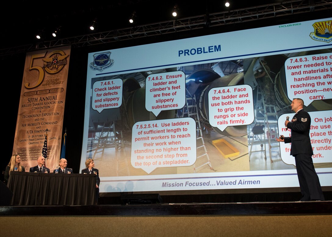 Tech. Sgt. Shawn Roberge from the 92nd Air Refueling Wing presents his design for a KC-135 Stratotanker engine-specific maintenance platform stand during the 2018 Air Mobility Command Phoenix Spark Tank  ompetition, where four finalists pitched their innovation ideas to a panel of judges at the Airlift/Tanker Association Symposium in Grapevine, Texas, Oct. 27, 2018. A/TA,
AMC's premier professional development event, provides mobility Airmen an opportunity to learn about and discuss mobility priorities, issues, challenges, and successes. The venue creates dialogue between
industry experts, the Air Force and Department of Defense about ways to innovate, enhance mission
effects and advance readiness headed into the future.