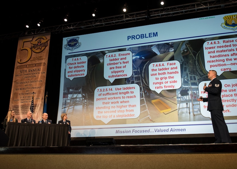 Tech. Sgt. Shawn Roberge from the 92nd Air Refueling Wing presents his design for a KC-135 Stratotanker engine-specific maintenance platform stand during the 2018 Air Mobility Command Phoenix Spark Tank  ompetition, where four finalists pitched their innovation ideas to a panel of judges at the Airlift/Tanker Association Symposium in Grapevine, Texas, Oct. 27, 2018. A/TA,
AMC's premier professional development event, provides mobility Airmen an opportunity to learn about and discuss mobility priorities, issues, challenges, and successes. The venue creates dialogue between
industry experts, the Air Force and Department of Defense about ways to innovate, enhance mission
effects and advance readiness headed into the future.