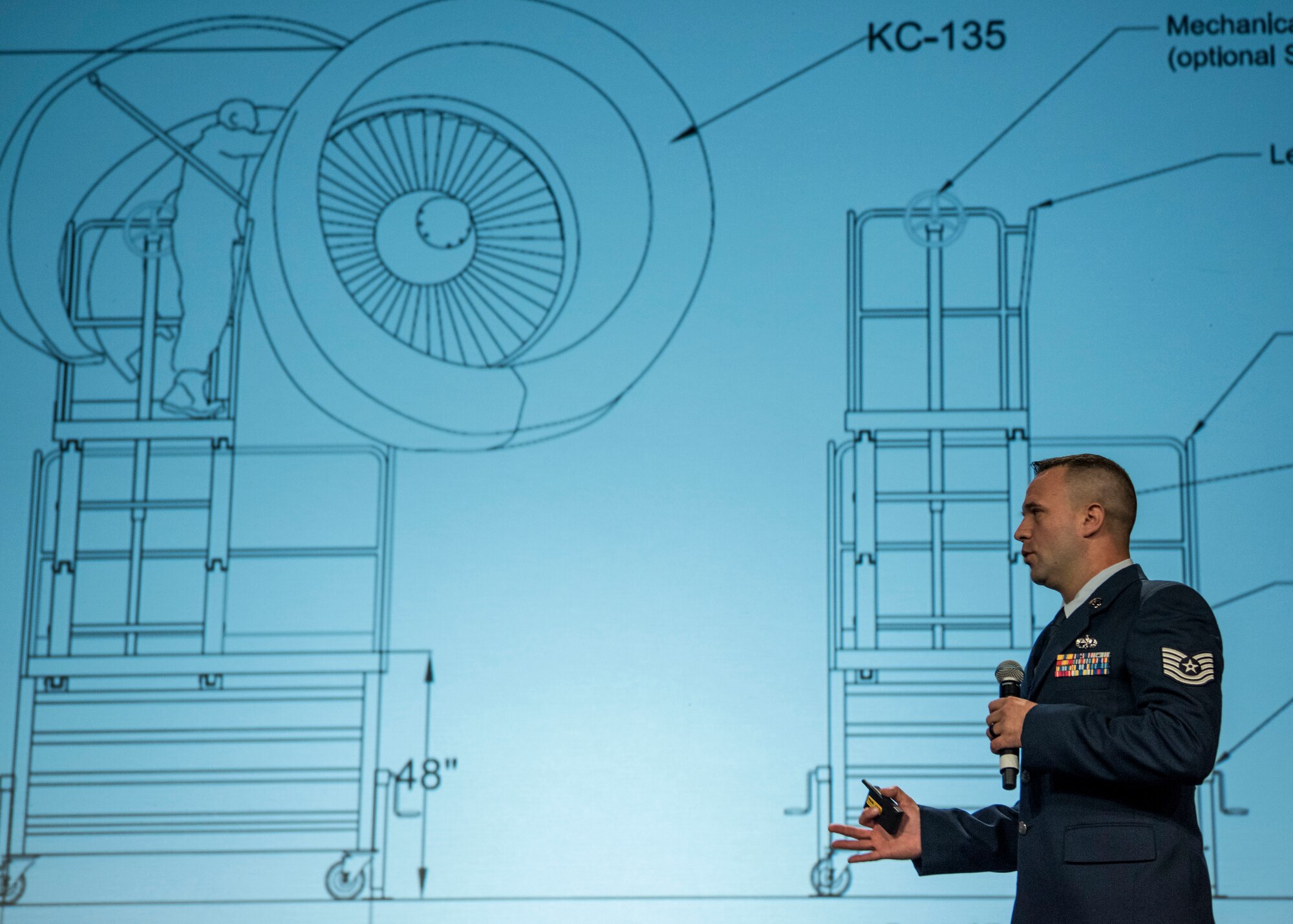 Tech. Sgt. Shawn Roberge from the 92nd Air Refueling Wing presents his design for a KC-135 Stratotanker engine-specific maintenance platform stand during the 2018 Air Mobility Command Phoenix Spark Tank competition, where four finalists pitched their innovation ideas to a panel of judges at the Airlift/Tanker Association Symposium in Grapevine, Texas, Oct. 27, 2018. A/TA,
AMC's premier professional development event, provides mobility Airmen an opportunity to learn about and discuss mobility priorities, issues, challenges, and successes. The venue creates dialogue between industry experts and Air Force and Department of Defense about ways to innovate, enhance mission effects and advance readiness headed into the future. (U.S. Air Force photo by Tech. Sgt. Jodi
Martinez)