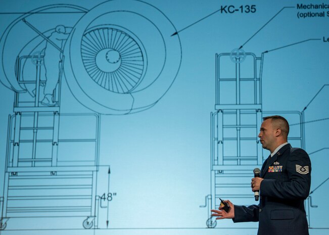 Tech. Sgt. Shawn Roberge from the 92nd Air Refueling Wing presents his design for a KC-135 Stratotanker engine-specific maintenance platform stand during the 2018 Air Mobility Command Phoenix Spark Tank competition, where four finalists pitched their innovation ideas to a panel of judges at the Airlift/Tanker Association Symposium in Grapevine, Texas, Oct. 27, 2018. A/TA,
AMC's premier professional development event, provides mobility Airmen an opportunity to learn about and discuss mobility priorities, issues, challenges, and successes. The venue creates dialogue between industry experts and Air Force and Department of Defense about ways to innovate, enhance mission effects and advance readiness headed into the future. (U.S. Air Force photo by Tech. Sgt. Jodi
Martinez)