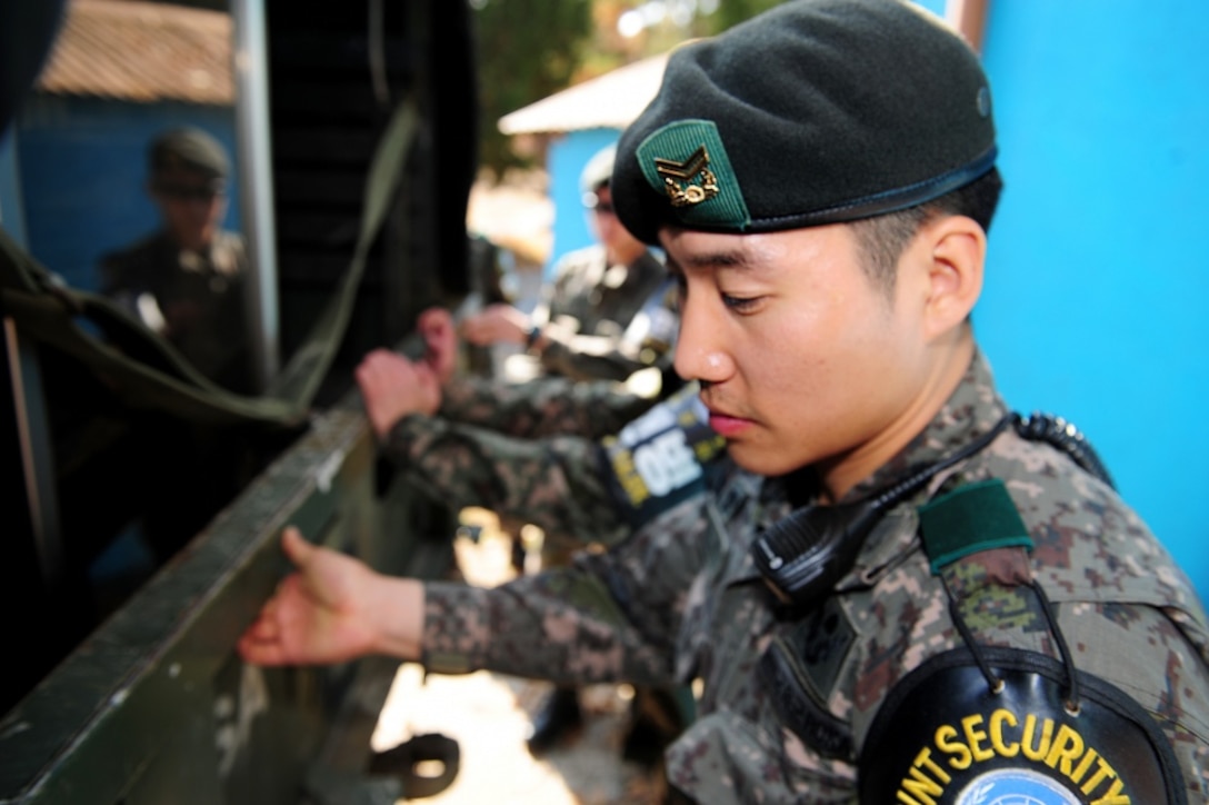Joint Security Area (JSA) Republic of Korea (ROK) personnel secure items from a check point area located at the JSA in Panmunjom, ROK, Oct. 25, 2018. The United Nations Command, in coordination with the Ministry of National Defense verified the demilitarization as part of the Comprehensive Military Agreement between the ROK and the Democratic People's Republic of Korea.