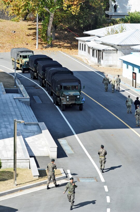 A convoy prepares to depart the Joint Security Area (JSA) during demilitarization efforts as part of the Comprehensive Military Agreement between the Republic of Korea (ROK) and the Democratic People's Republic of Korea (DPRK) at the JSA, Panmunjom, ROK, Oct. 25, 2018. In coordination with the Ministry of National Defense, the United Nations Command verified ROK and DPRK demilitarization efforts which included removal of weapons from guard posts and reducing security personnel at the JSA.