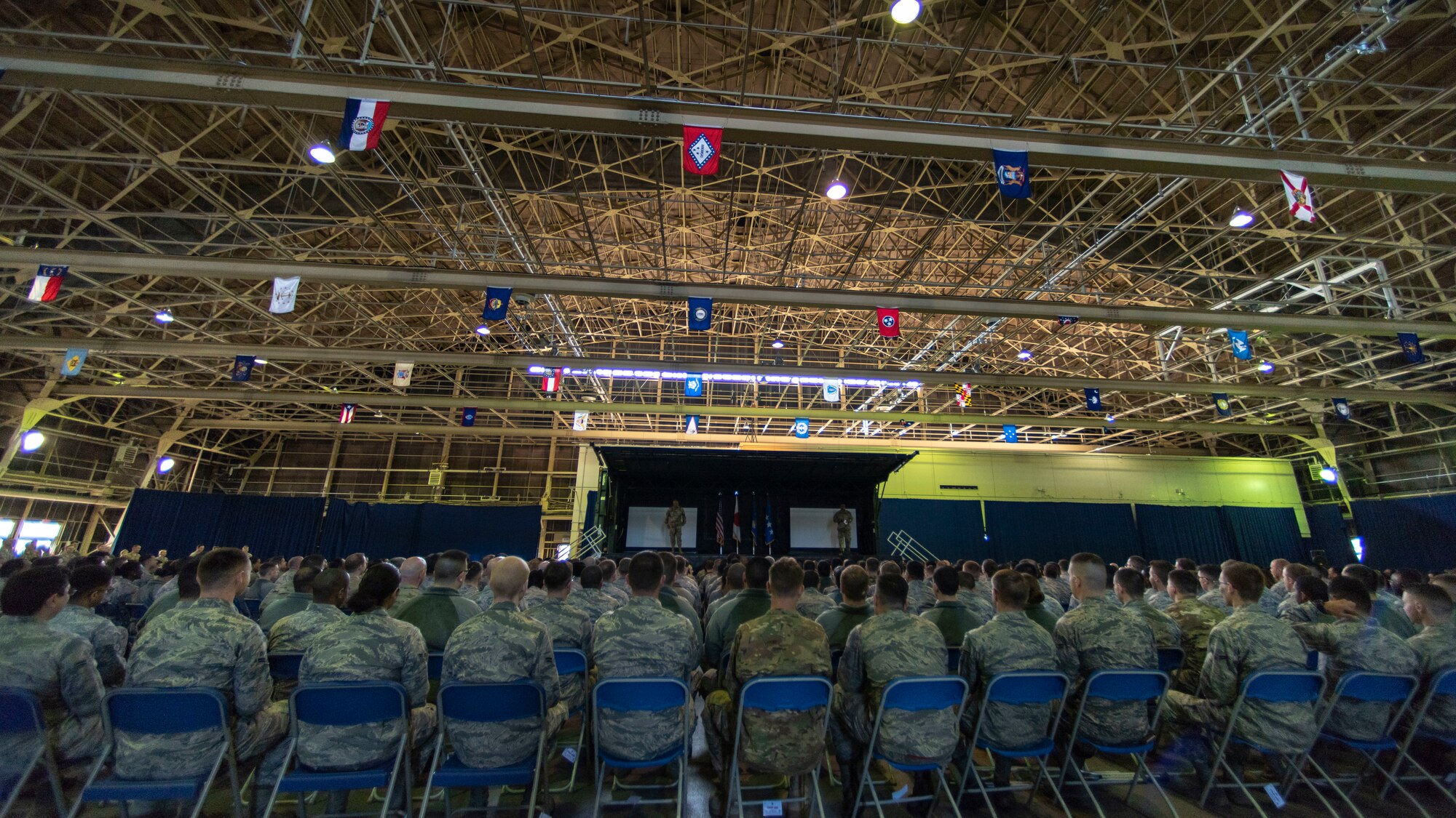 Airmen with the 35th Fighter Wing listen as Gen. CQ Brown, Jr., Pacific Air Forces commander, explains his priorities during an all-call at Misawa Air Base, Japan, Oct. 25, 2018. Brown encouraged Misawa Airmen to read the National Defense Strategy specifically highlighting the wing’s “Rapid Weasel” mission and strategic alliance with the Japanese people. He said PACAF needs to be ready, resilient and postured for the future of this area of responsibility. (U.S. Air Force photo by Tech. Sgt. Benjamin W. Stratton)