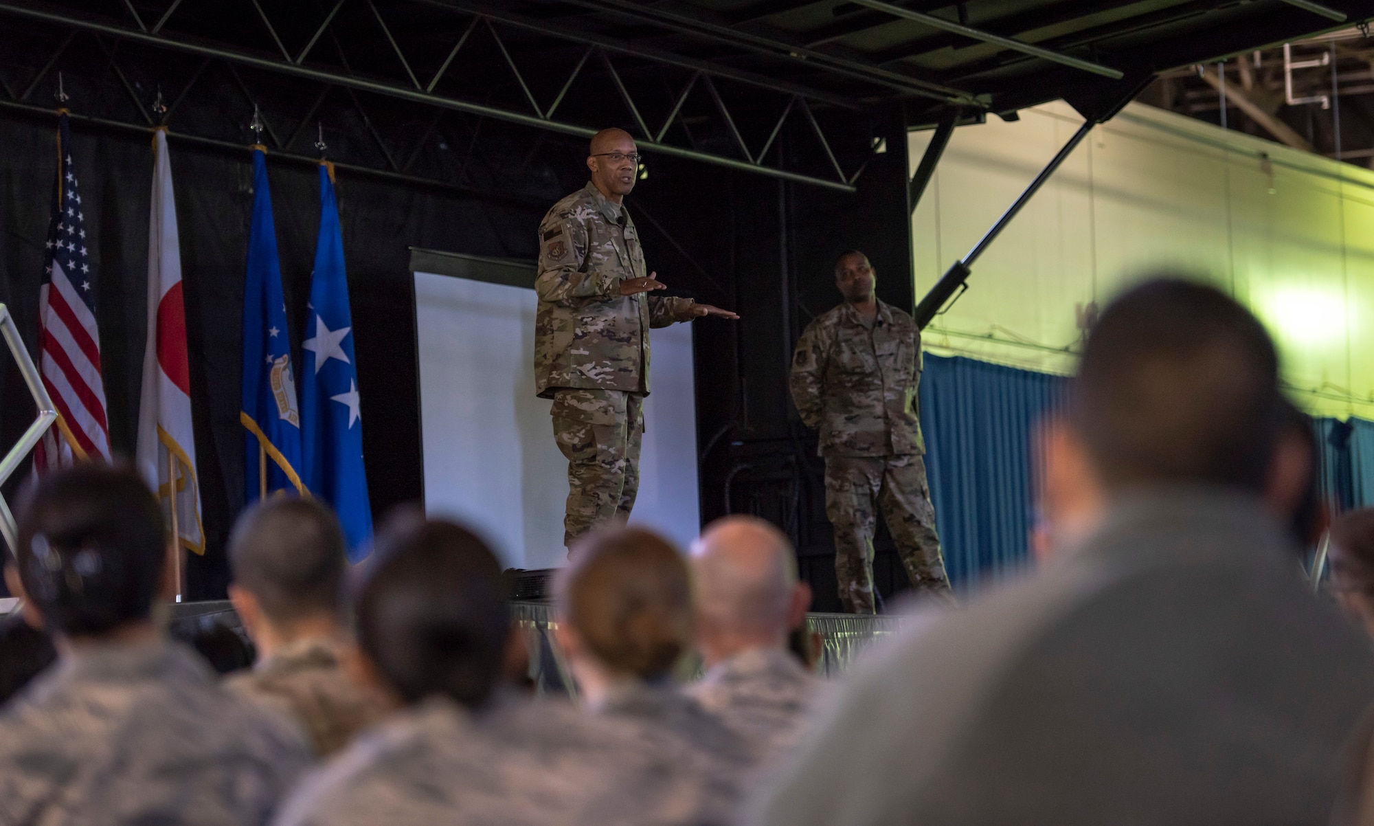 Gen. CQ Brown, Jr., Pacific Air Forces commander, conducts an all-call with Airmen from the 35th Fighter Wing at Misawa Air Base, Japan, Oct. 25, 2018. Brown made clear that the most important assets in the command are its Airmen. He expressed that their development is the enduring strength and future of PACAF. (U.S. Air Force photo by Tech. Sgt. Benjamin W. Stratton)