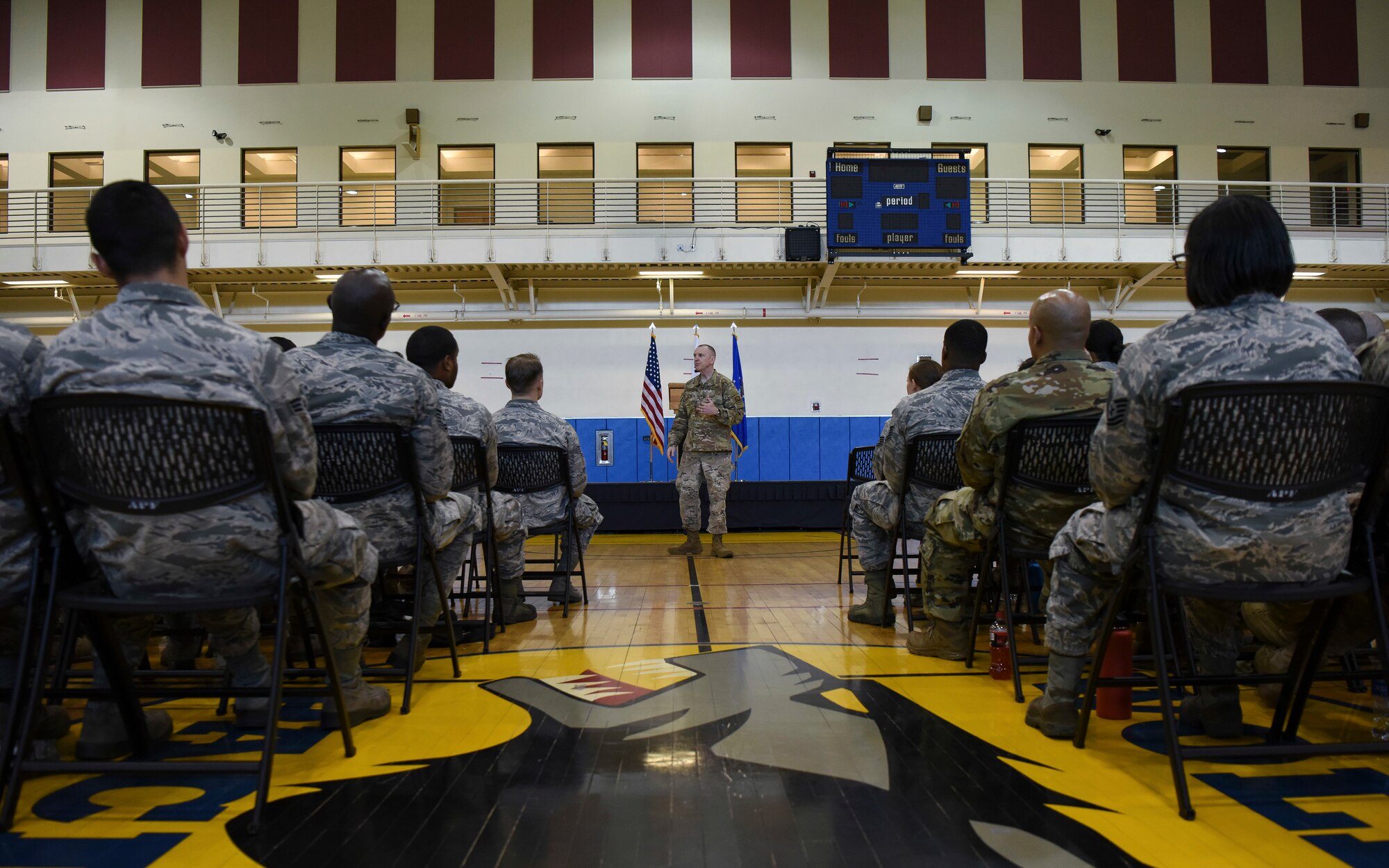 Chief Master Sgt. Scott Lumpkin, Seventh Air Force command chief, speaks to Airmen during his visit to Kunsan Air Base, Republic of Korea, Oct. 22, 2018. Lumpkin thanked Airmen for their hard work and dedication to the Wolf Pack’s mission on the peninsula. (U.S. Air Force photo by Senior Airman Savannah L. Waters)