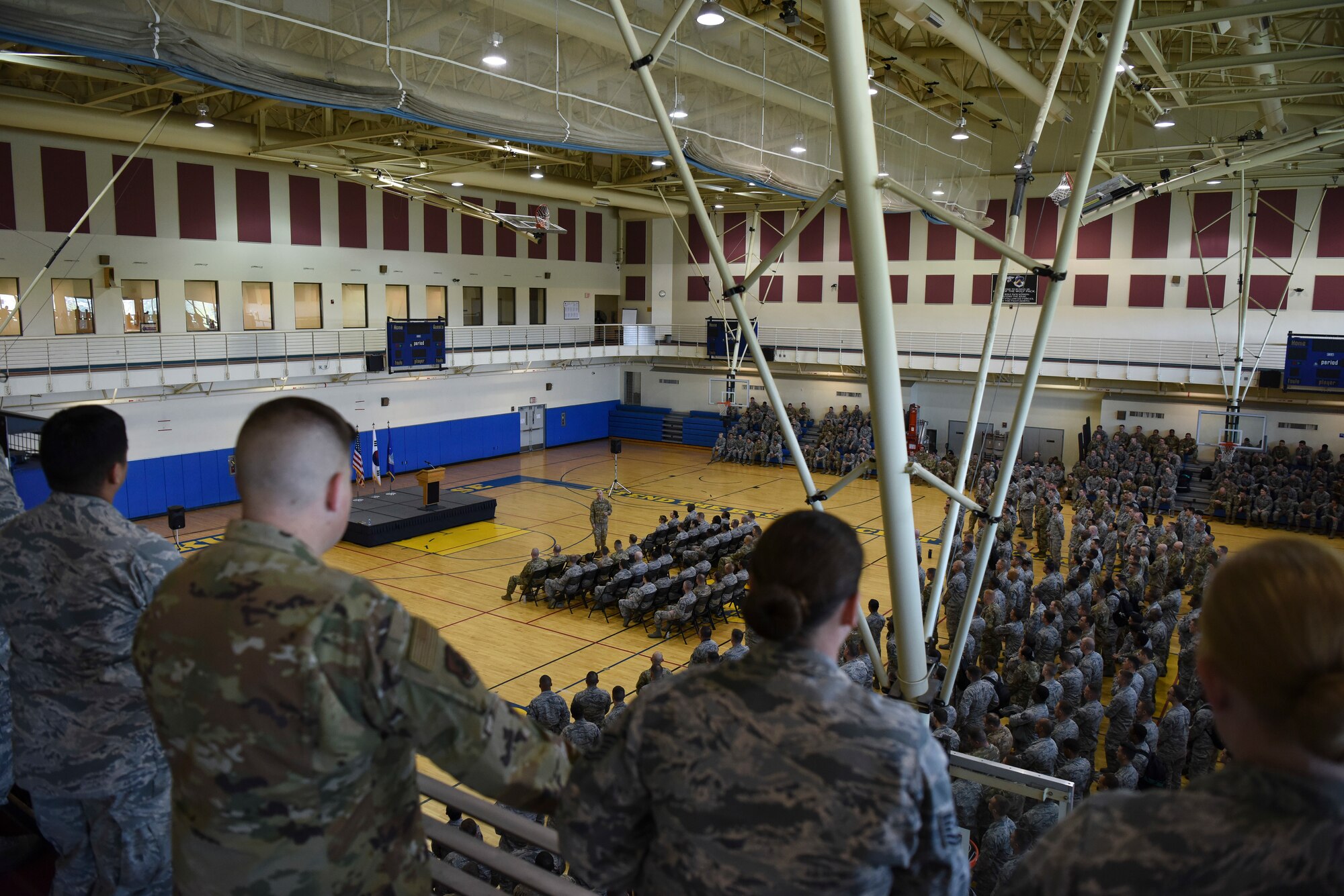 Chief Master Sgt. Scott Lumpkin, Seventh Air Force command chief, speaks to Airmen during his visit to Kunsan Air Base, Republic of Korea, Oct. 22, 2018. Lumpkin discussed the unique sacrifice Airmen stationed at Kunsan make while on an unaccompanied tour and highlighted their outstanding work ethic. (U.S. Air Force photo by Senior Airman Savannah L. Waters)