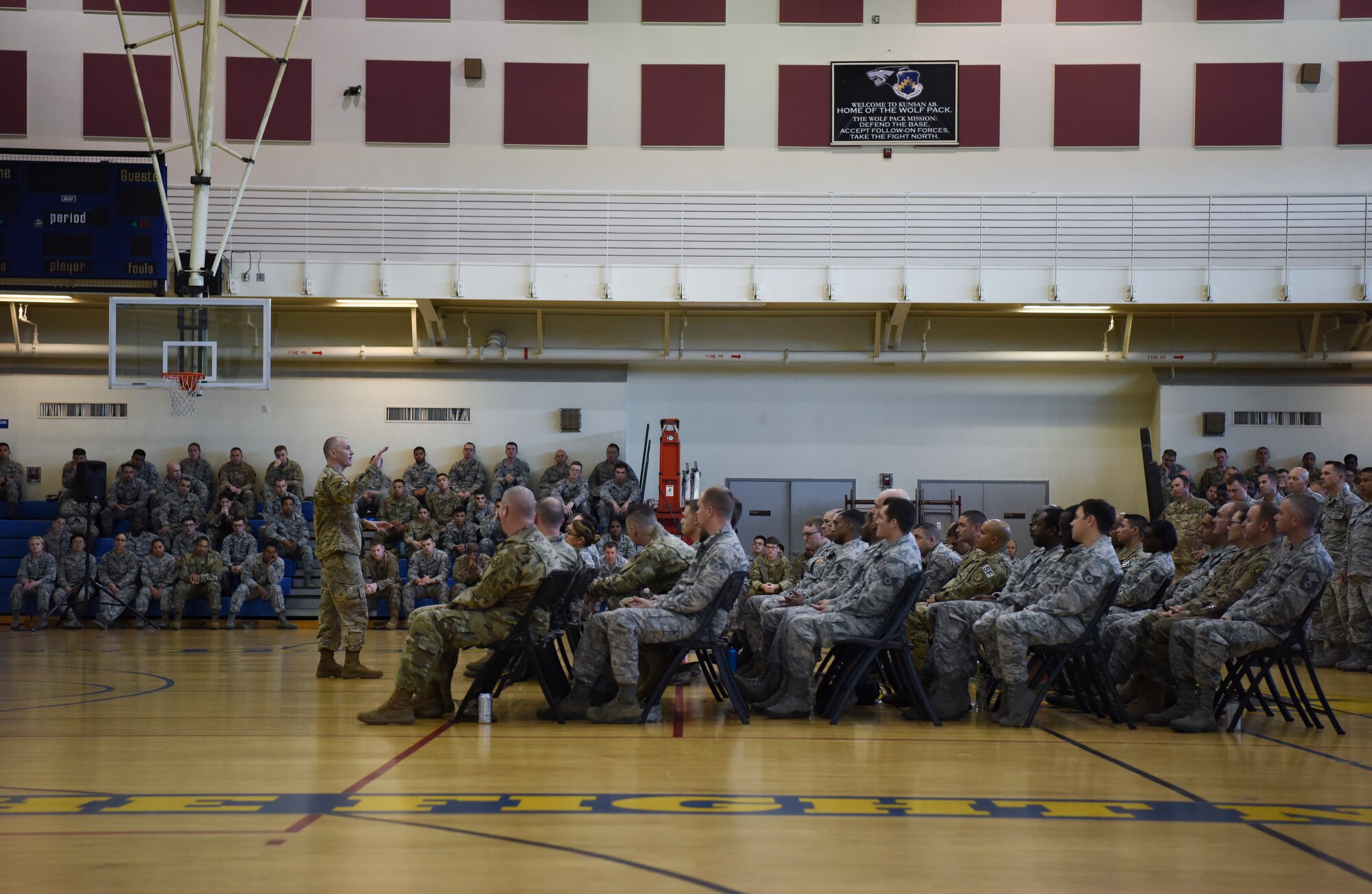 Chief Master Sgt. Scott Lumpkin, Seventh Air Force command chief, speaks to Airmen during his visit to Kunsan Air Base, Republic of Korea, Oct. 22, 2018. Lumpkin discussed the unique sacrifice Airmen stationed at Kunsan make while on an unaccompanied tour and highlighted their outstanding work ethic. (U.S. Air Force photo by Senior Airman Savannah L. Waters)