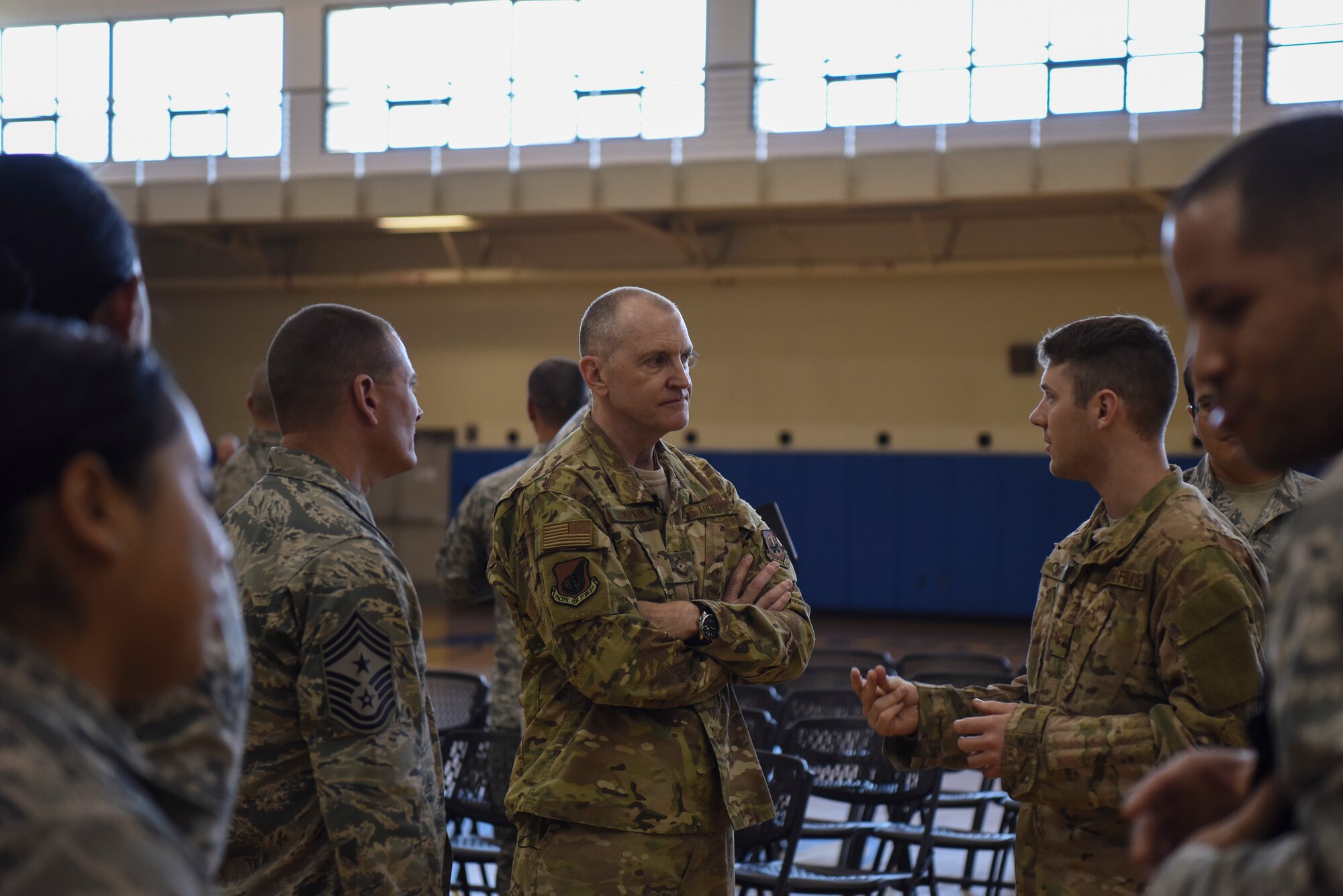 Chief Master Sgt. Scott Lumpkin, Seventh Air Force command chief, speaks to Airmen during his visit to Kunsan Air Base, Republic of Korea, Oct. 22, 2018. . Lumpkin thanked Airmen for their hard work and dedication to the Wolf Pack’s mission on the peninsula. (U.S. Air Force photo by Senior Airman Savannah L. Waters)