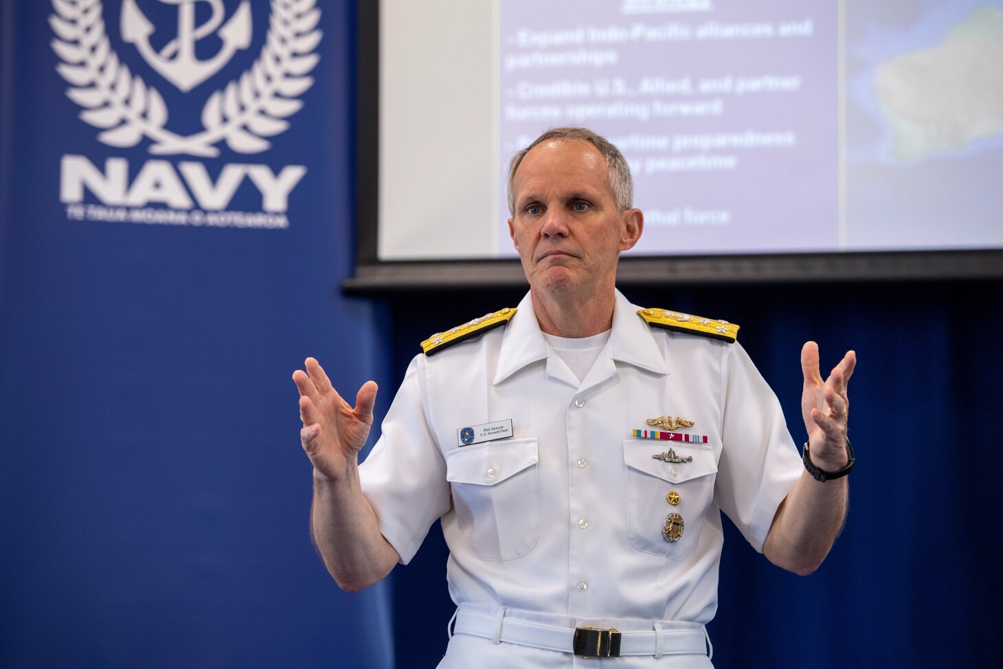 AUCKLAND, New Zealand – Vice Adm. Phil Sawyer, Commander, U.S. 7th Fleet, speaks to attendees at the Royal New Zealand Navy’s annual Fleet Warfare Forum at Devonport Naval Base Oct. 29-30. During the forum Sawyer meet with a variety of regional naval leaders to share viewpoints and experiences on a range of maritime security issues.