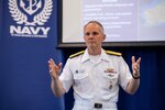 AUCKLAND, New Zealand – Vice Adm. Phil Sawyer, Commander, U.S. 7th Fleet, speaks to attendees at the Royal New Zealand Navy’s annual Fleet Warfare Forum at Devonport Naval Base Oct. 29-30. During the forum Sawyer meet with a variety of regional naval leaders to share viewpoints and experiences on a range of maritime security issues.