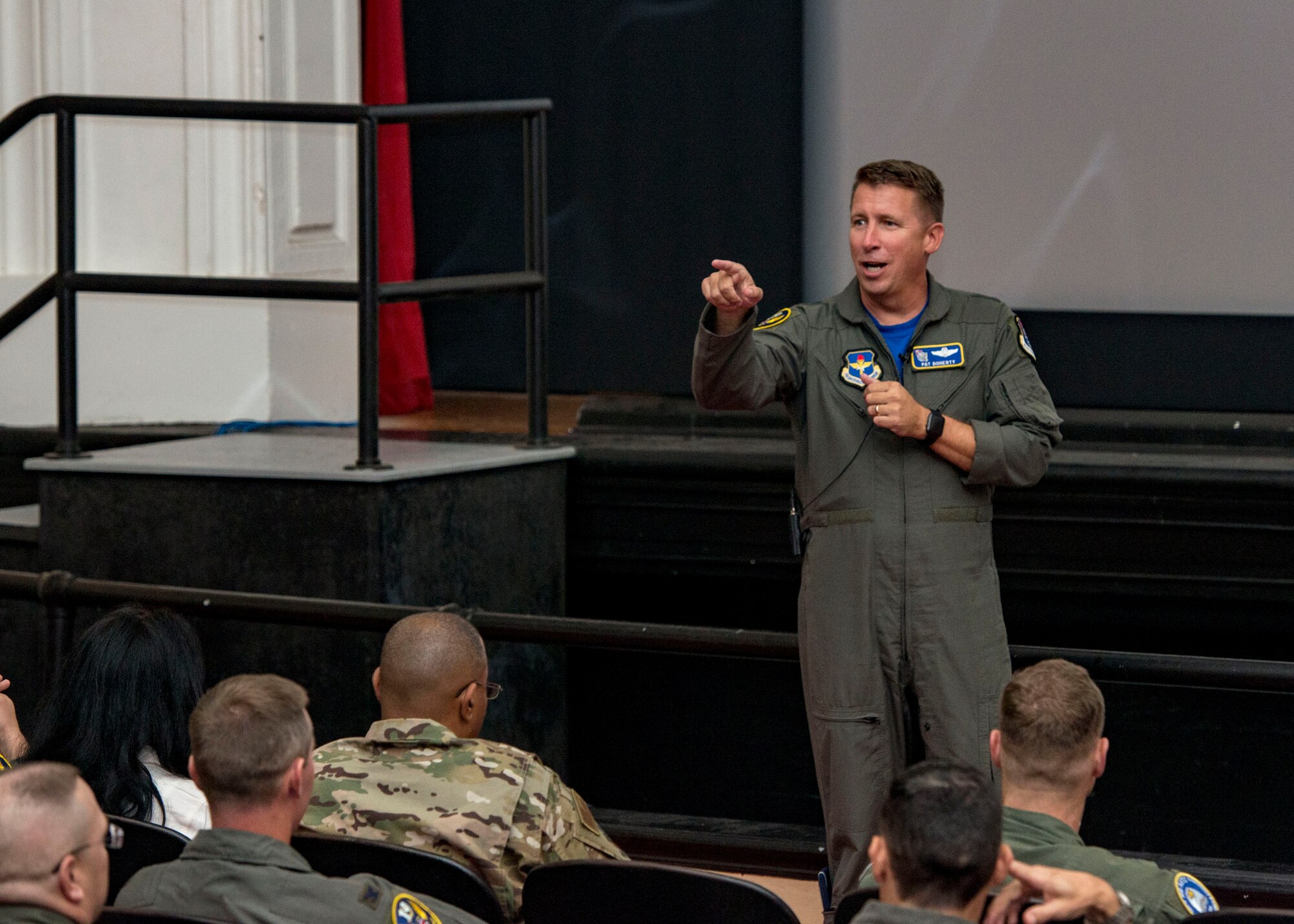 Maj. Gen. Patrick Doherty, 19th Air Force commander, speaks to Airmen attending the second annual Air Education and Training Command Flying Training Awards Ceremony Oct. 26, 2018, at Joint Base San Antonio-Randolph, Texas. The award ceremony recognizes individuals, squadrons, groups and wings whose efforts have led to the highest levels of student production.
