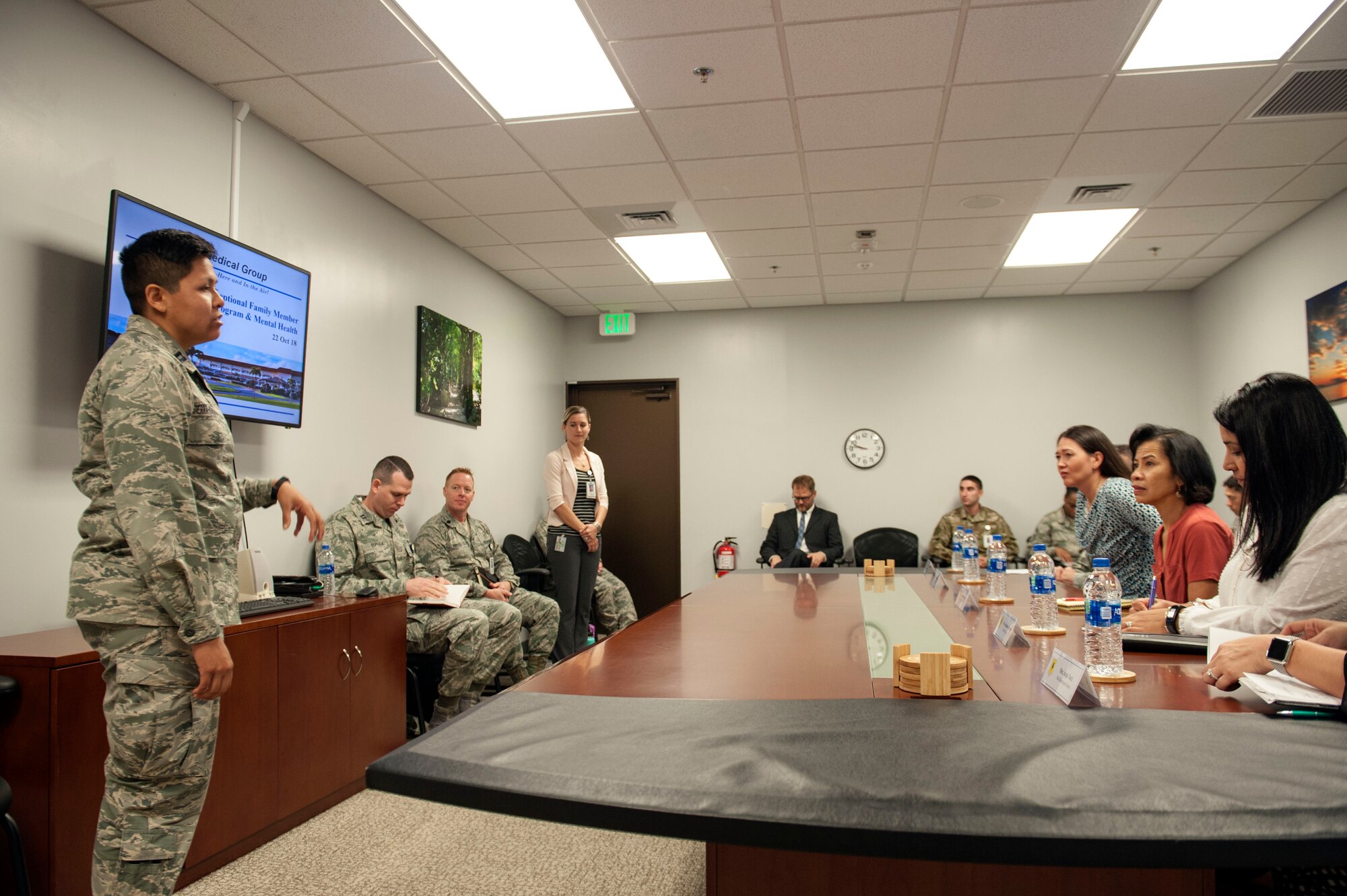 Sharene Brown, spouse of U.S. Air Force Gen. CQ Brown, Jr., Pacific Air Forces (PACAF) commander, greets Team Kadena spouses during the PACAF commander's visit at Kadena Air Base, Japan, Oct. 22, 2018. PACAF spouses and Team Kadena spouses talked about the challenges faced by military families on Okinawa. (U.S. Air Force photo by Naoto Anazawa)