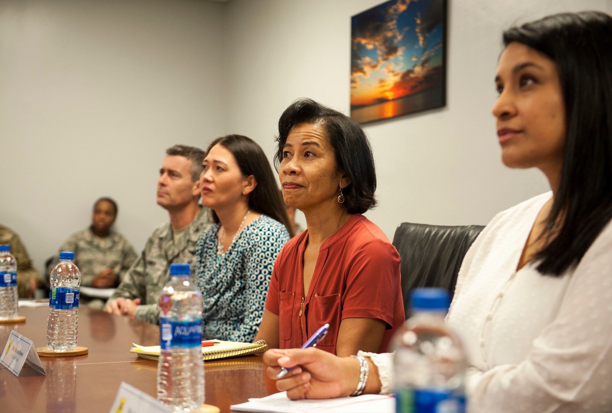 Sharene Brown, spouse of U.S. Air Force Gen. CQ Brown, Jr., Pacific Air Forces (PACAF) commander, greets Team Kadena spouses during the PACAF commander's visit at Kadena Air Base, Japan, Oct. 22, 2018. PACAF spouses and Team Kadena spouses talked about the challenges faced by military families on Okinawa. (U.S. Air Force photo by Naoto Anazawa)