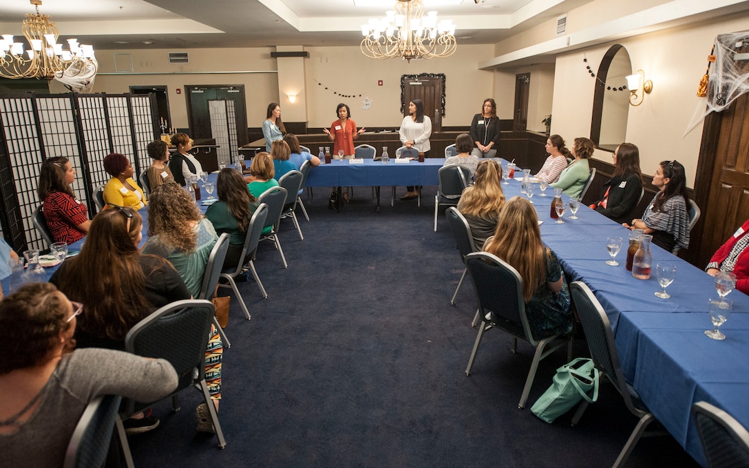 Sharene Brown, spouse of U.S. Air Force Gen. CQ Brown, Jr., Pacific Air Forces (PACAF) commander, greets Team Kadena spouses during the PACAF commander's visit at Kadena Air Base, Japan, Oct. 22, 2018. PACAF spouses and Team Kadena spouses talked about the challenges faced by military families on Okinawa. (U.S. Air Force photo by Naoto Anazawa)