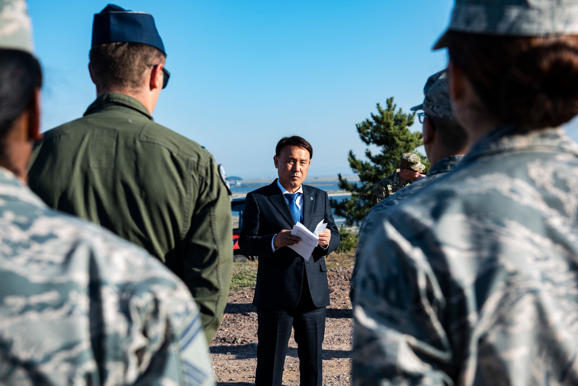 Kang Imjune, Mayor of Gunsan, is briefed by members of the 8th Fighter Wing at Kunsan Air Base, Republic of Korea, Oct. 19, 2018. Mayor Imjune had a chance to see the partnership between the 38th Fighter Group, Republic of Korea Air Force, and the 8th FW first hand, which reinforces the strong relationship between Kunsan AB and Gunsan City . (U.S. Air Force photo by Senior Airman Stefan Alvarez)