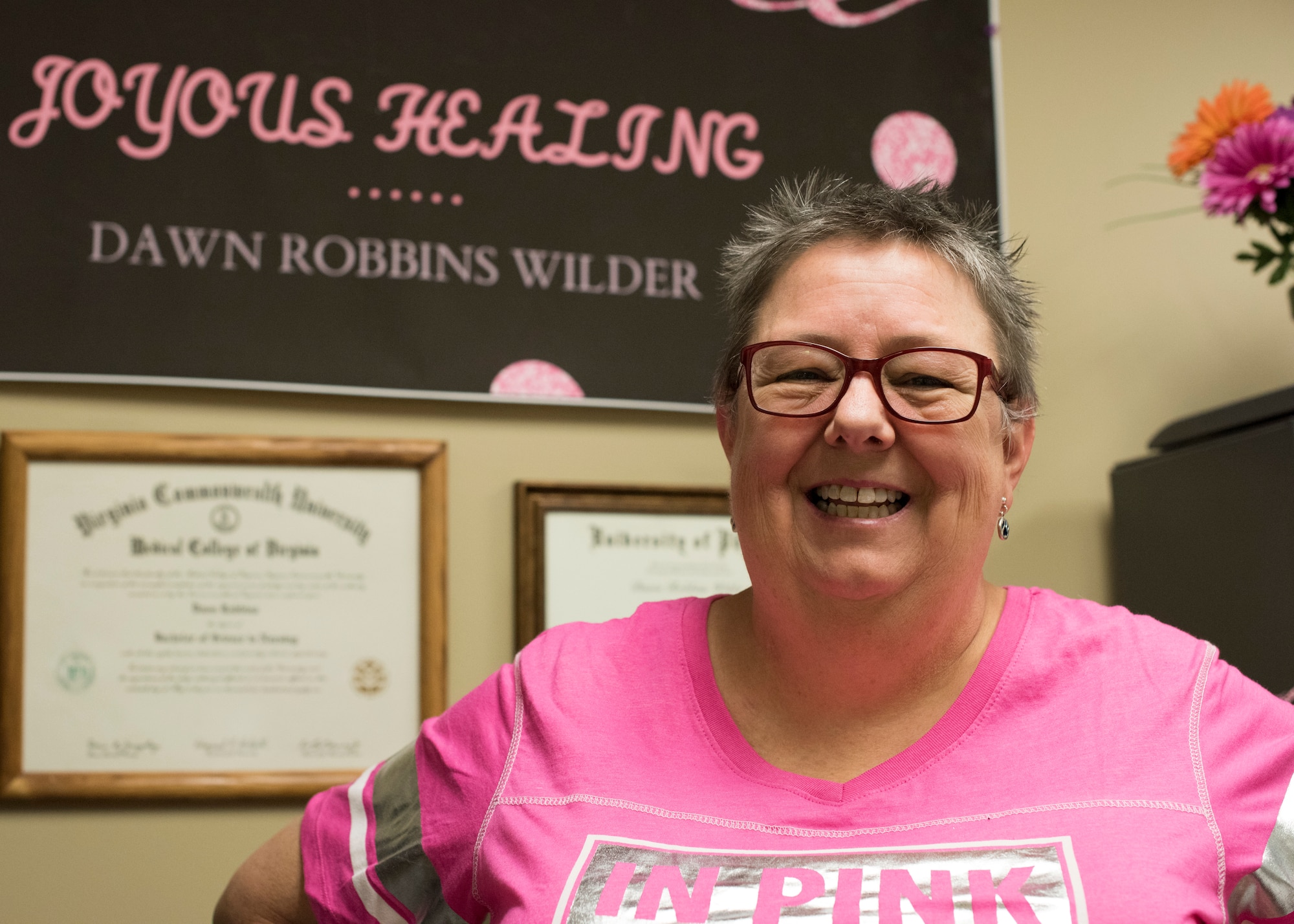 Dawn Wilder, 49th Medical Group quality and risk manager, poses for a photo October 25, 2018, at Holloman Air Force Base, N.M. Wilder was diagnosed with breast cancer in 2015, and is celebrating her third year of being cancer free. (U.S. Air Force photo by Staff Sgt. BreeAnn Sachs)