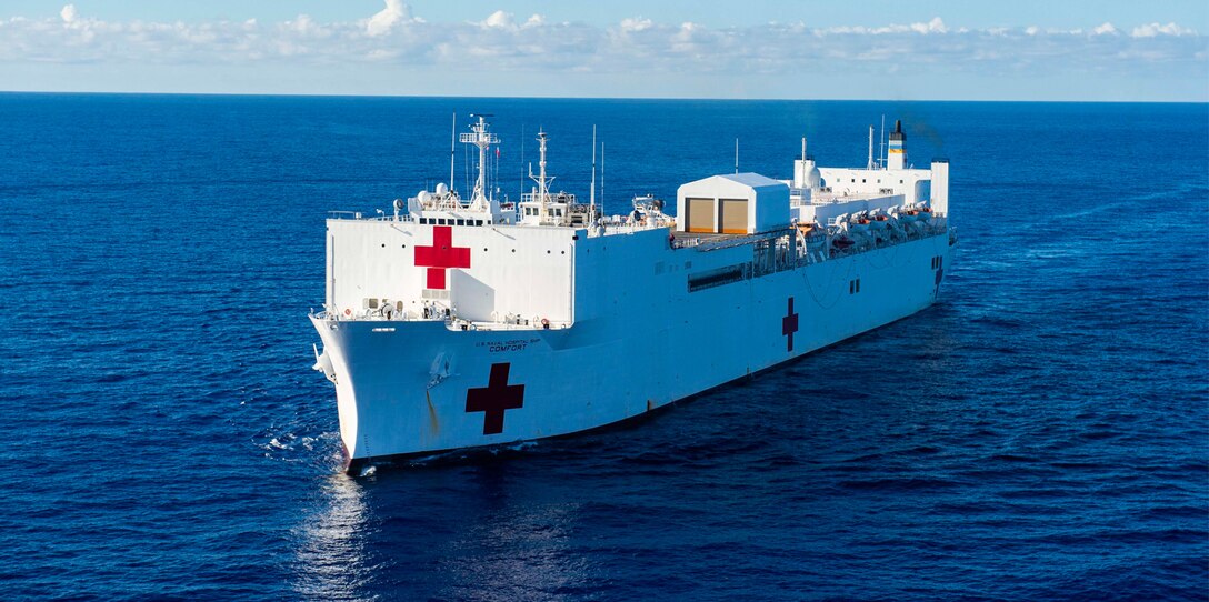 The hospital ship USNS Comfort (T-AH 20) at sea.