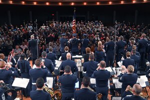 The U.S. Air Force Band finishes the last song of the night at the University of North Texas in Denton, Texas, Oct. 25, 2018. The band performed in locations across New Mexico and Texas to inspire and engage the local communities. (U.S. Air Force photo by Senior Airman Abby L. Richardson)