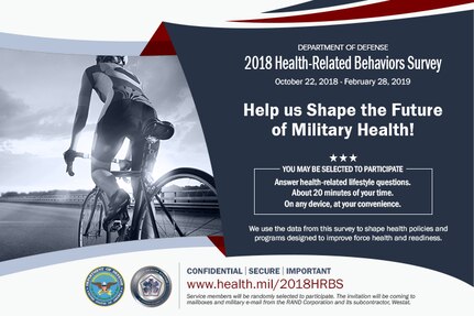 Individuals across both active duty and reserve components will be randomly selected to complete the 2018 Health-Related Behaviors Survey. Information and data from the results helps shape health policies and programs to improve force health and readiness.