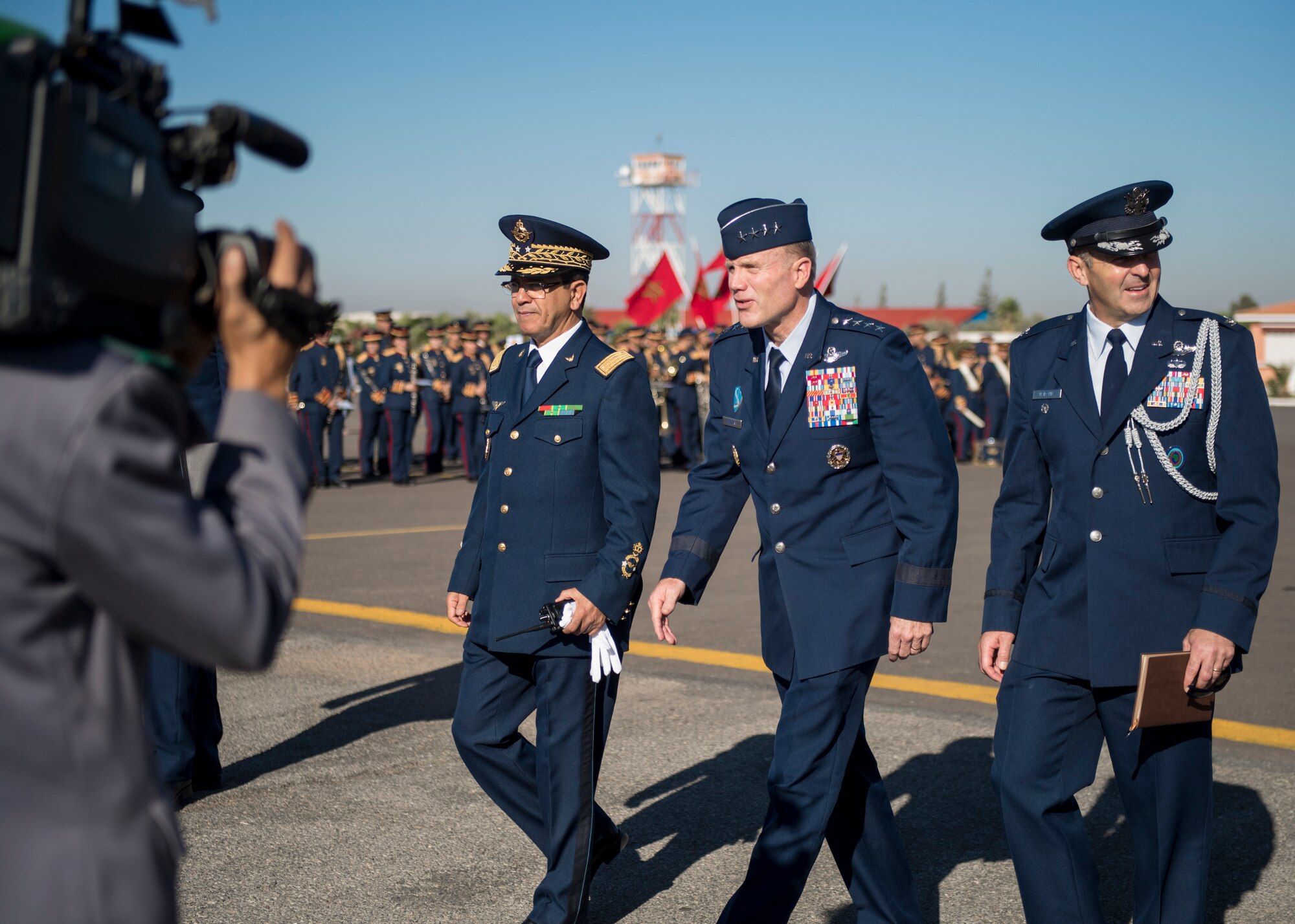 MARRAKECH, Morocco (Oct 24, 2018) ) General Tod Wolters, center, USAFE-AFAFRICA Commander, enters the Marrakech Air Show at RMAF Military Base. Direct participation in the air show supports U.S. Government security policy and promotes strong U.S. ties with Morocco. (DoD photo by Mass Communication Specialist 2nd Class Cody Hendrix)