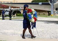 Airman 1st Class Janaya Fulton, 625th Operations Center, carries a memorial wreath during the Twenty-Fifth Air Force Remembrance Ceremony at Joint Base San Antonio-Lackland Sept. 28. The ceremony is held every year to honor the fallen silent warriors from the previous 12 months.