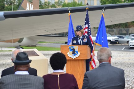 U.S. Air Force Maj. Gen. Mary O’Brien, Twenty-Fifth Air Force commander, speaks at a Remembrance Ceremony at Joint Base San Antonio-Lackland, Sept. 28, about the organization’s losses during its 70 Years in the Fight.