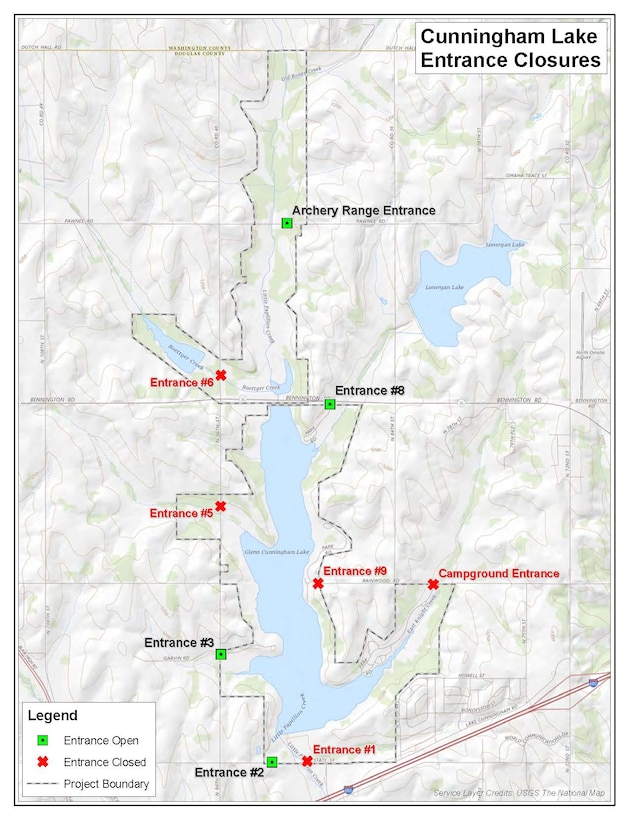 Photo shows a map of park closures at Cunningham Lake in Omaha, Nebr.