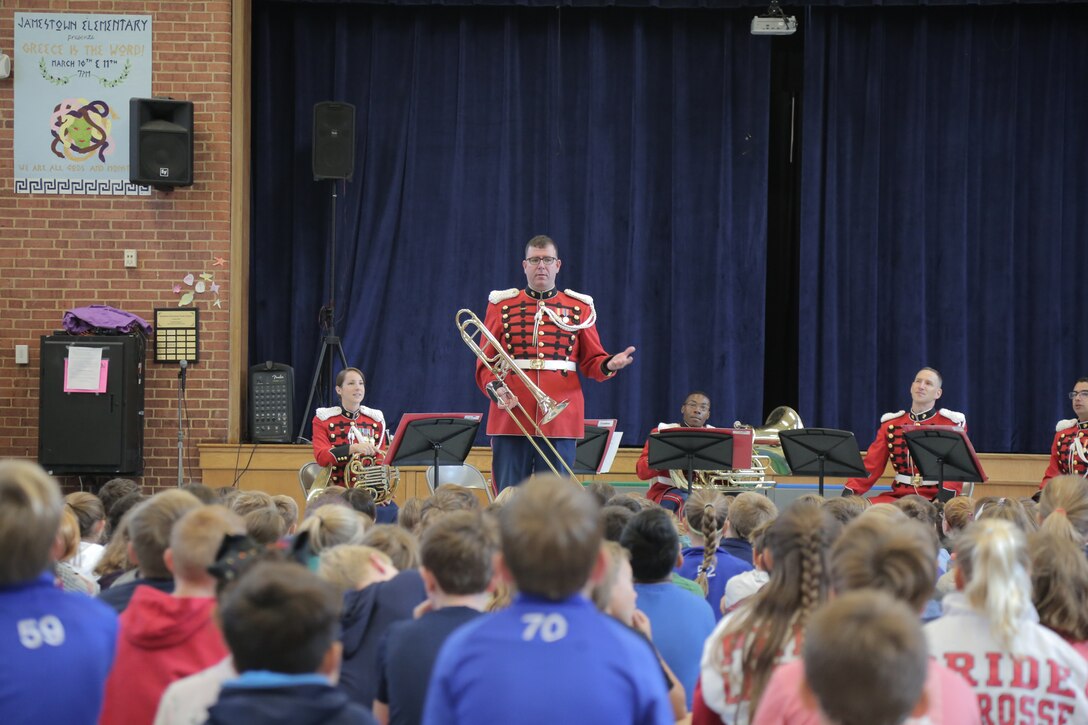 On Oct. 16, 2018 a brass quintet from "The President's Own" U.S. Marine Band presented a Music in the Schools program at Jamestown Elementary School in Arlington, Va. (U.S. Marine Corps photo by Master Sgt. Kristin duBois/released.)