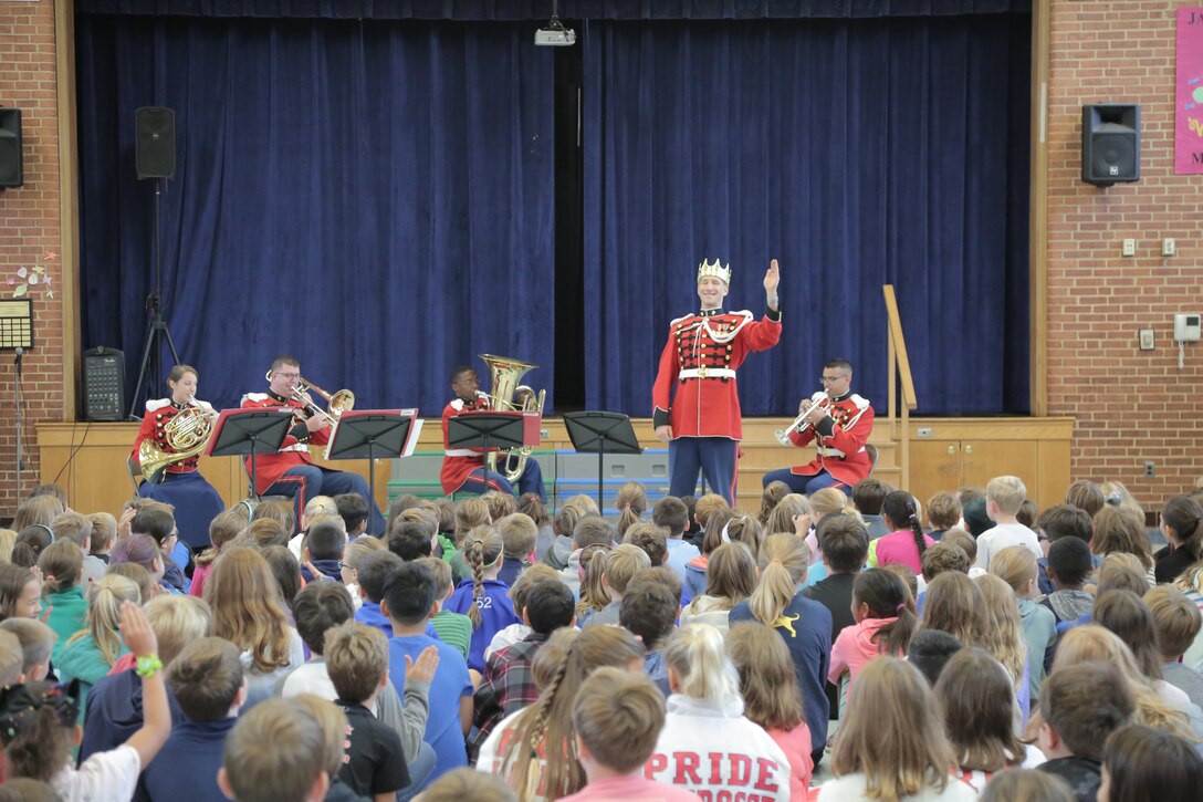 On Oct. 16, 2018 a brass quintet from "The President's Own" U.S. Marine Band presented a Music in the Schools program at Jamestown Elementary School in Arlington, Va. (U.S. Marine Corps photo by Master Sgt. Kristin duBois/released.)