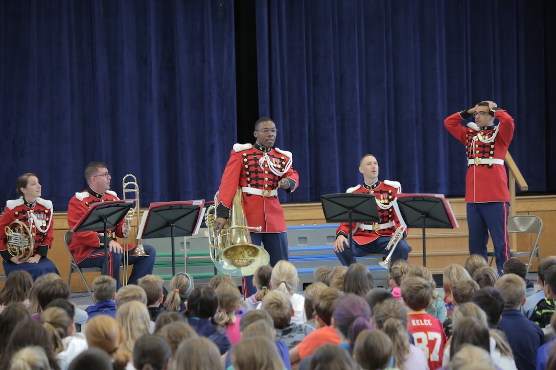 On Oct. 16, 2018 a brass quintet from "The President's Own" U.S. Marine Band presented a Music in the Schools program at Jamestown Elementary School in Arlington, Va. (U.S. Marine Corps photo by Master Sgt. Kristin duBois/released.)
